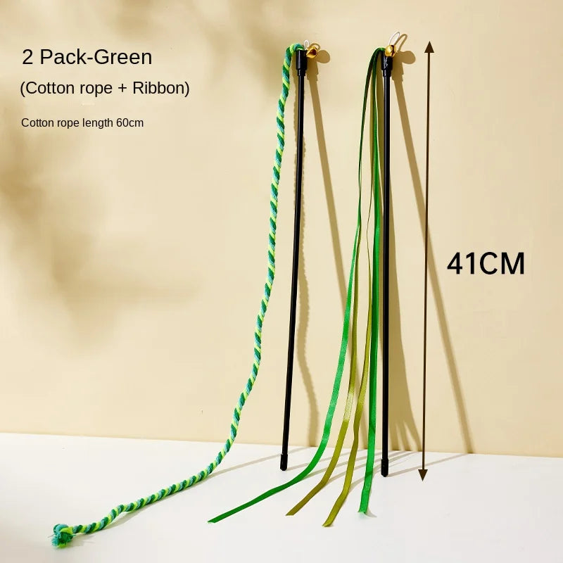 Simulation Feather Interactive Cat Toy Satin Ribbon Bell Cat Stick Toys Kitten Playing Teaser Wand Toy Cat Supplies Accessories