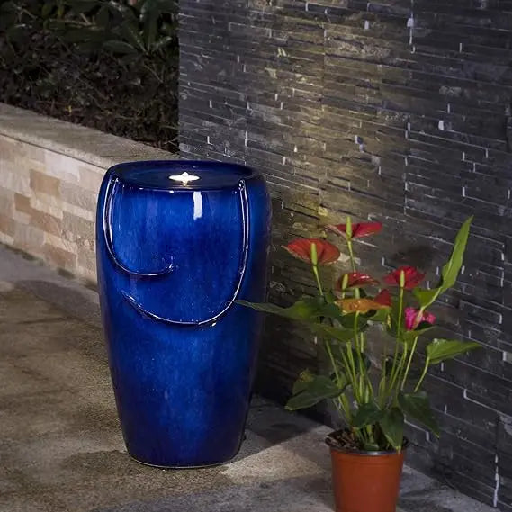 29.25" H Oversized Ceramic Vase Outdoor Water Fountain Tall Patio Garden Water Fountain with LED Light and Submersible Pump Yar