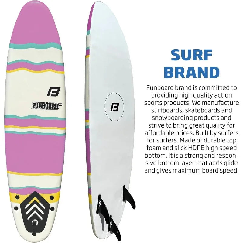 6’ FUNBOARD Surfboard Softboard Foam - Include (3) Fins 6’ Foot Leash and (2) Wood Stringers
