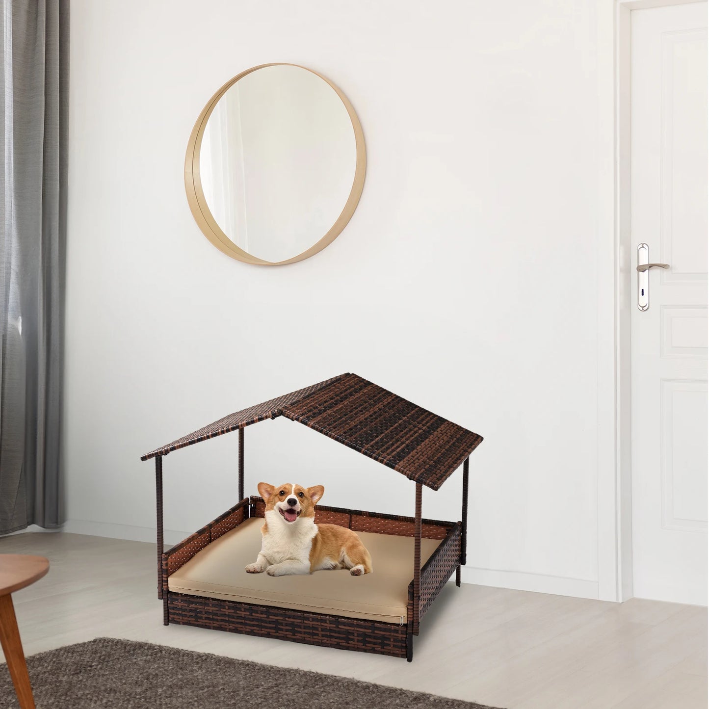 Wicker Dog House, Elevated Rattan Dog Bed with Canopy and Washable Cushion Cover, Indoor Outdoor Raised Pet House