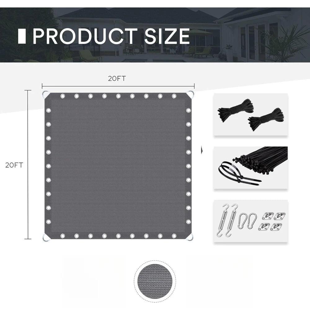20X20 FT Shade Fabric Sun Shade Cloth, Outdoor Shade Cover Privacy Screen with Grommets & D-Ring for Patio Garden Pergola, Grey