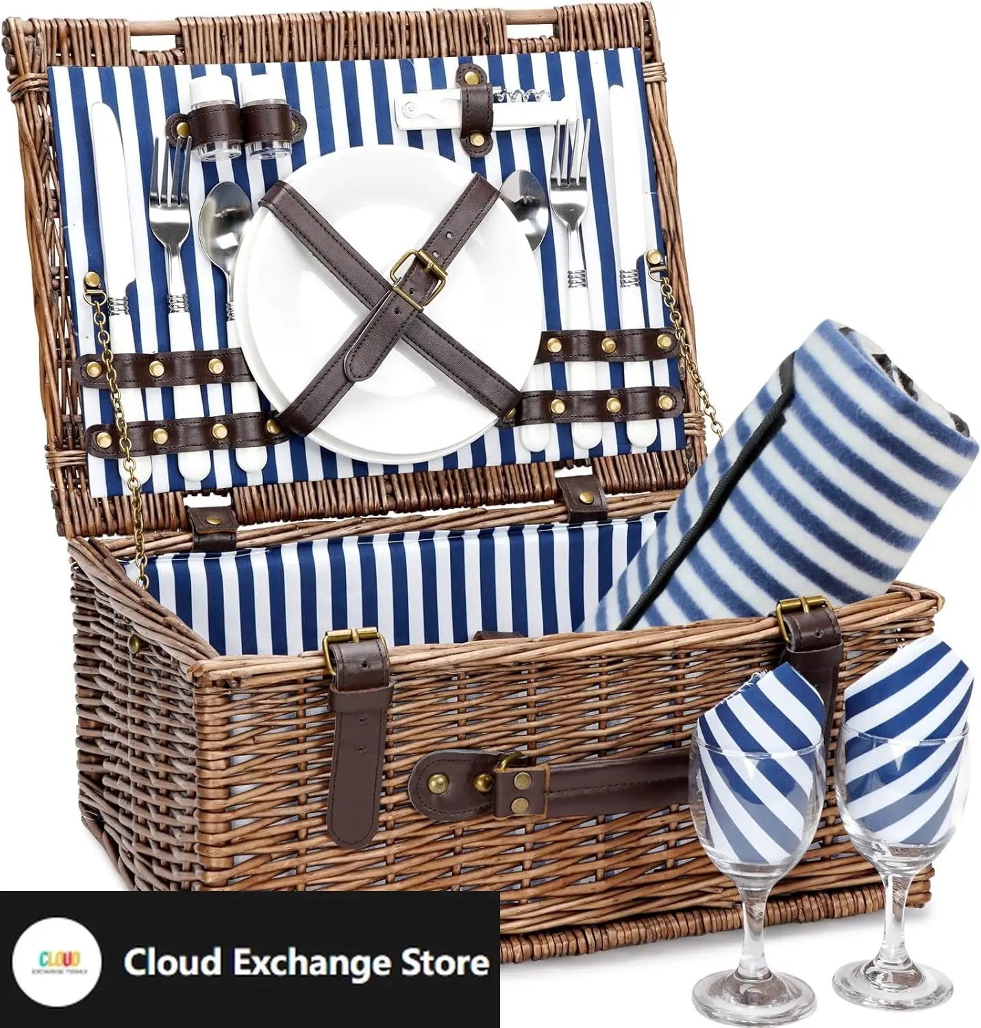 Wicker Picnic Basket for 2 with Waterproof Picnic Blanket, Picnic Set for 2 with Sand-Proof Beach Mat,Willow Hamper Service