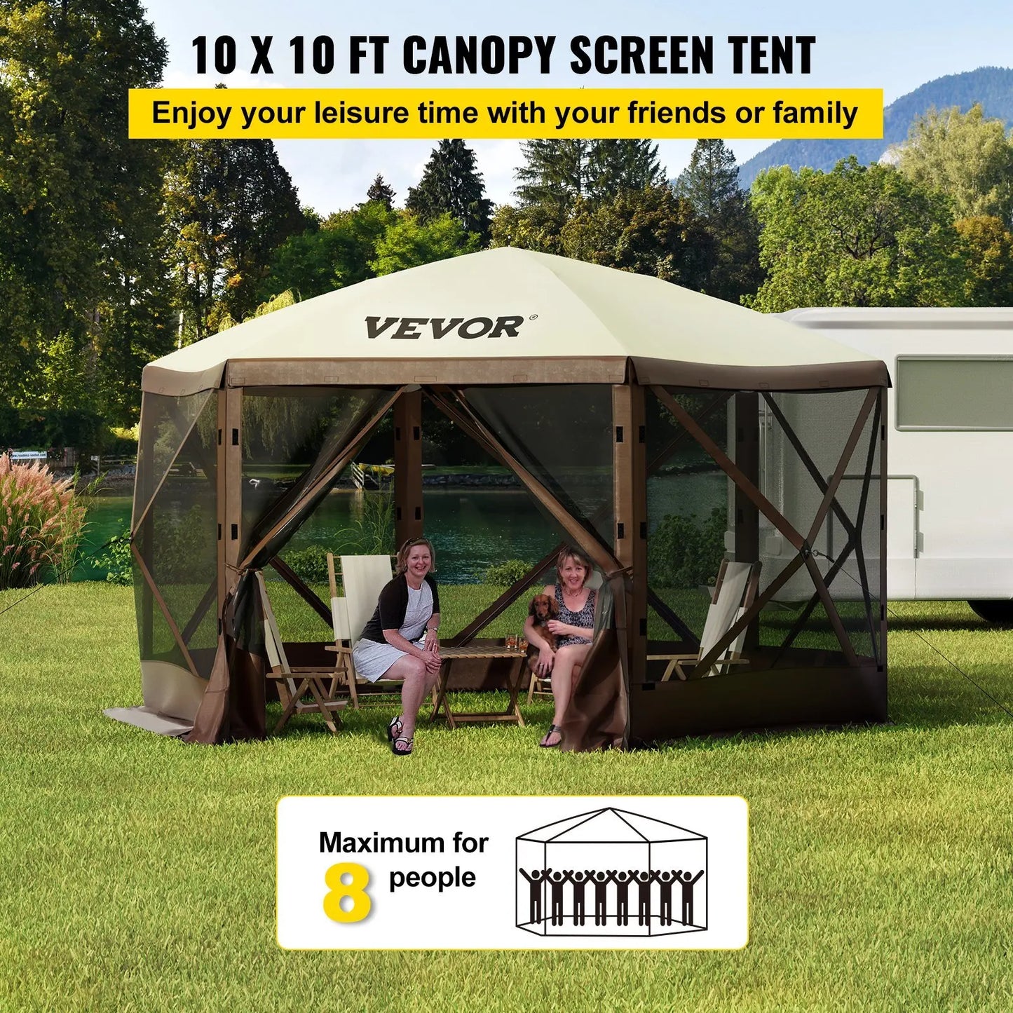 Waterproof Screen Shelter w/Portable Storage Bag 8 Person Camping 6 Sided Pop-up Canopy Screen Tent 10'x10' Camping Gazebo Tent