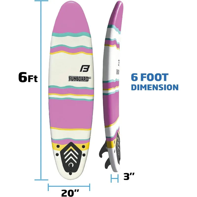 6’ FUNBOARD Surfboard Softboard Foam - Include (3) Fins 6’ Foot Leash and (2) Wood Stringers