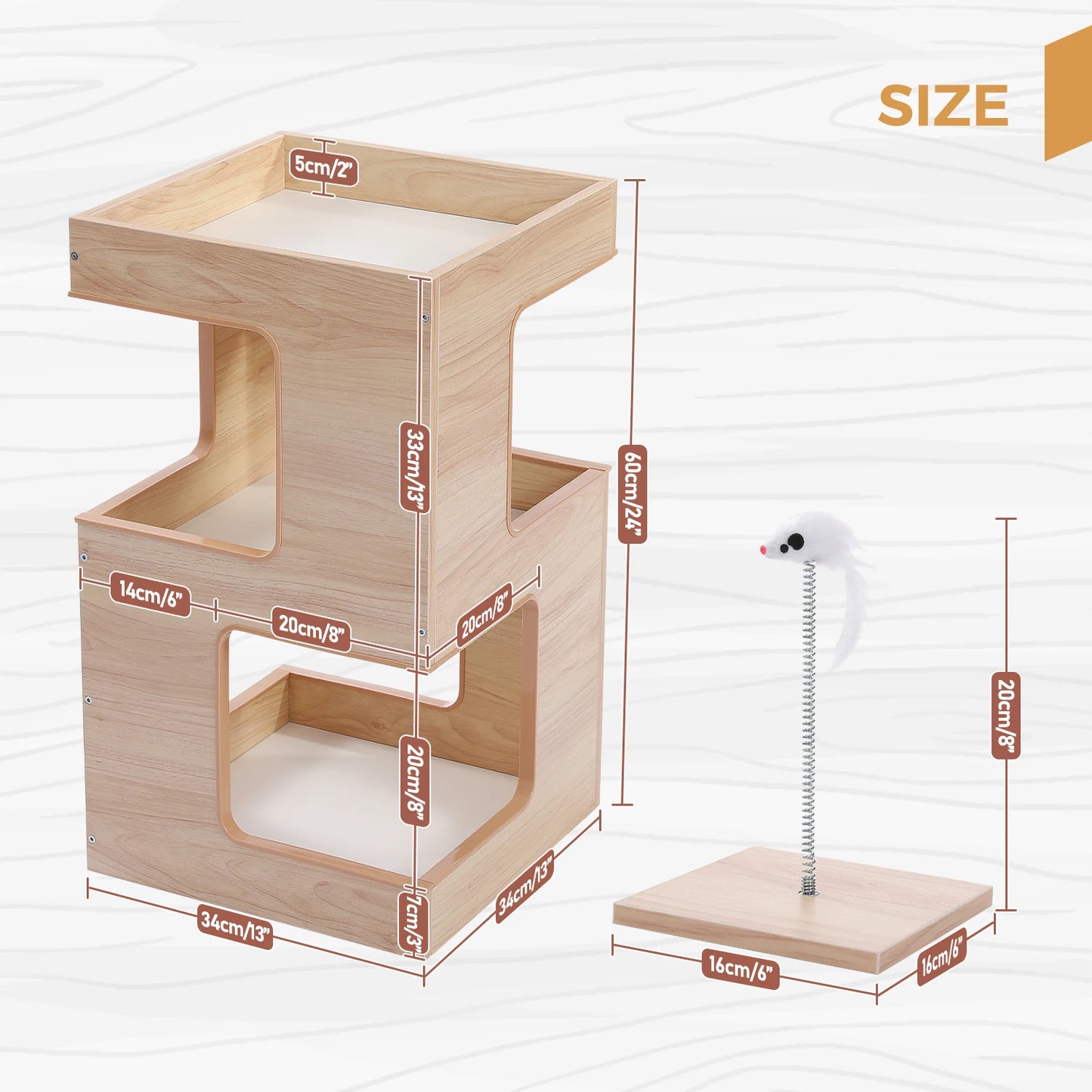 Cat Bed with Two Large Condos Scratching Pad Detachable Scratcher Wooden Cat Condo House with Plush Mats Cat Furniture Cat Toys