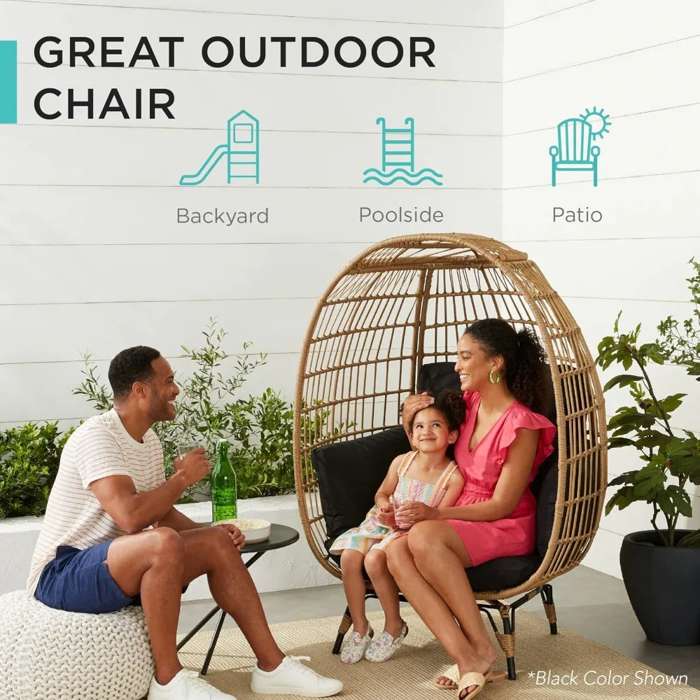 Wicker Egg Chair, Oversized Indoor Outdoor Lounger for Patio, Backyard, Living Room w/ 4 Cushions, Steel Frame,440lb Capacity