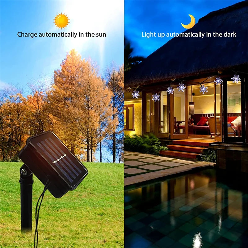 50/100LED Solar Christmas Snowflake String Lights Outdoor Waterproof Fairy Lamp 8 Modes for Wedding Party Tree Room Garden Patio