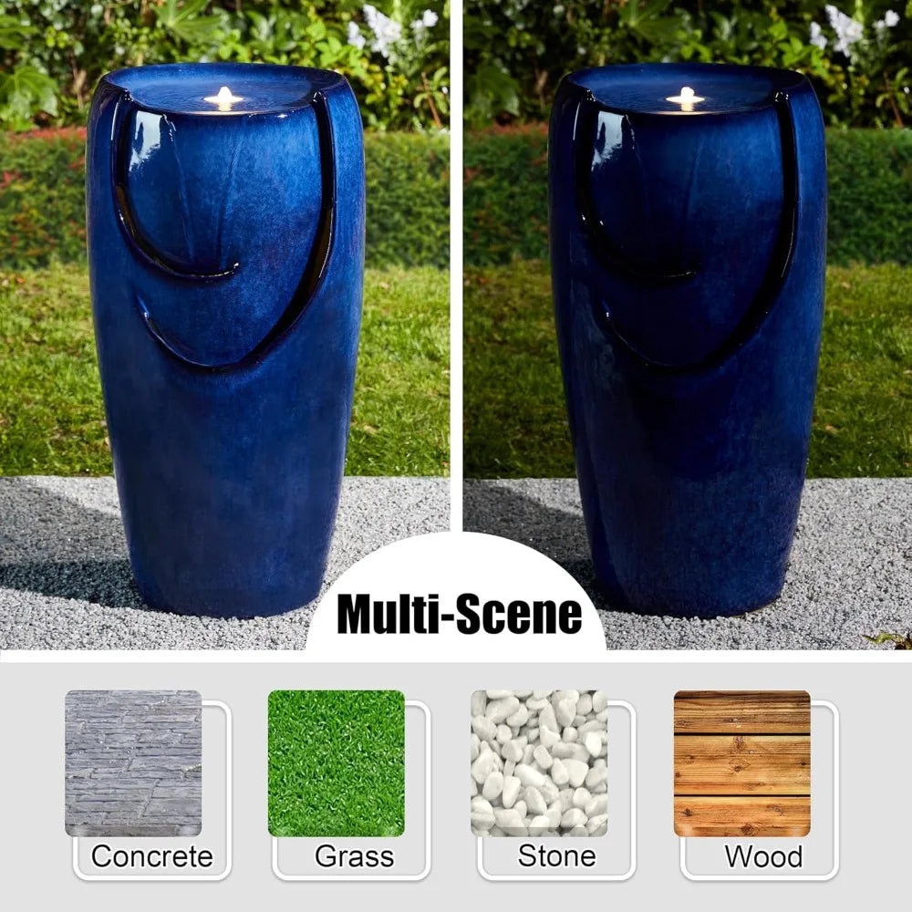 29.25" H Oversized Ceramic Vase Outdoor Water Fountain Tall Patio Garden Water Fountain with LED Light and Submersible Pump Yar