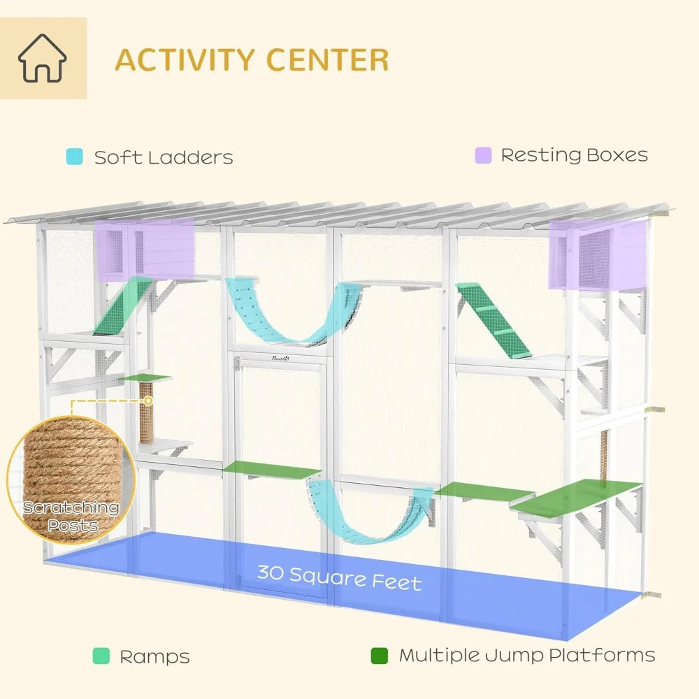Cat Cage, Catio Playground Cat Window Box Outside Enclosure, Outdoor Cat House with Weather Protection Roof for Multiple