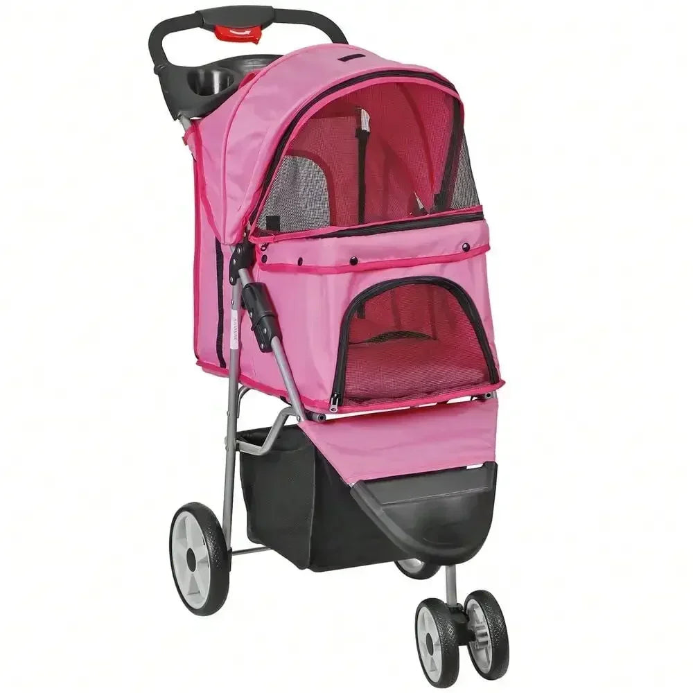 Foldable 3 Wheels Pet Stroller Dog Cat Cage Jogger Stroller with Cup Holder Pink