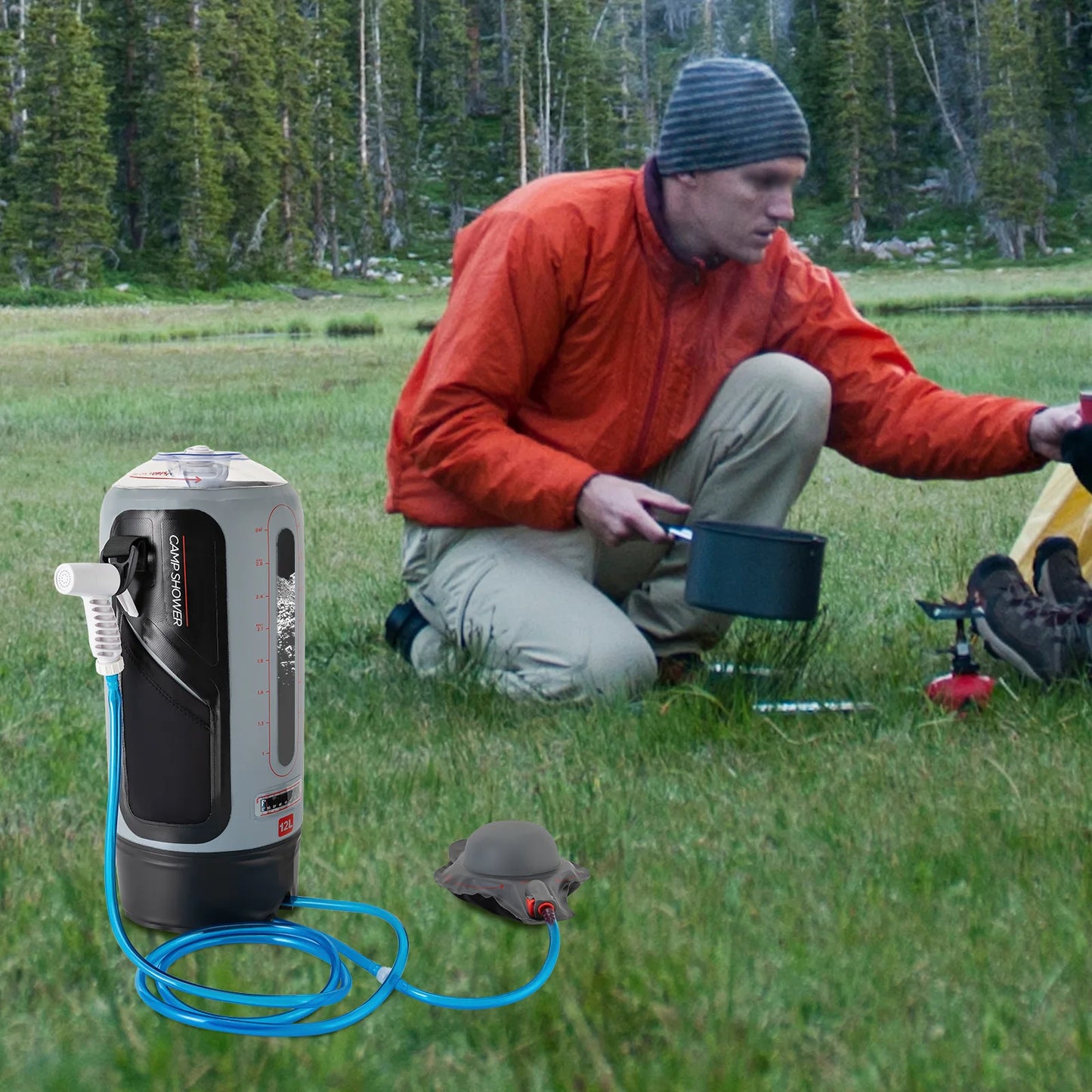 12L Garden Shower with Pump Portable Hose Showers Bag Removable Pressure Camp Shower for Outdoor Travel Hiking Washing Kits