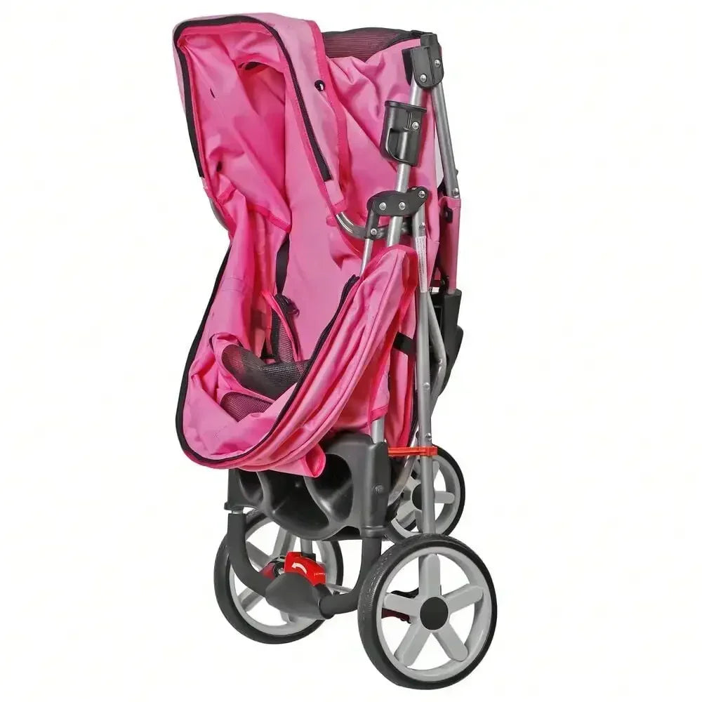 Foldable 3 Wheels Pet Stroller Dog Cat Cage Jogger Stroller with Cup Holder Pink