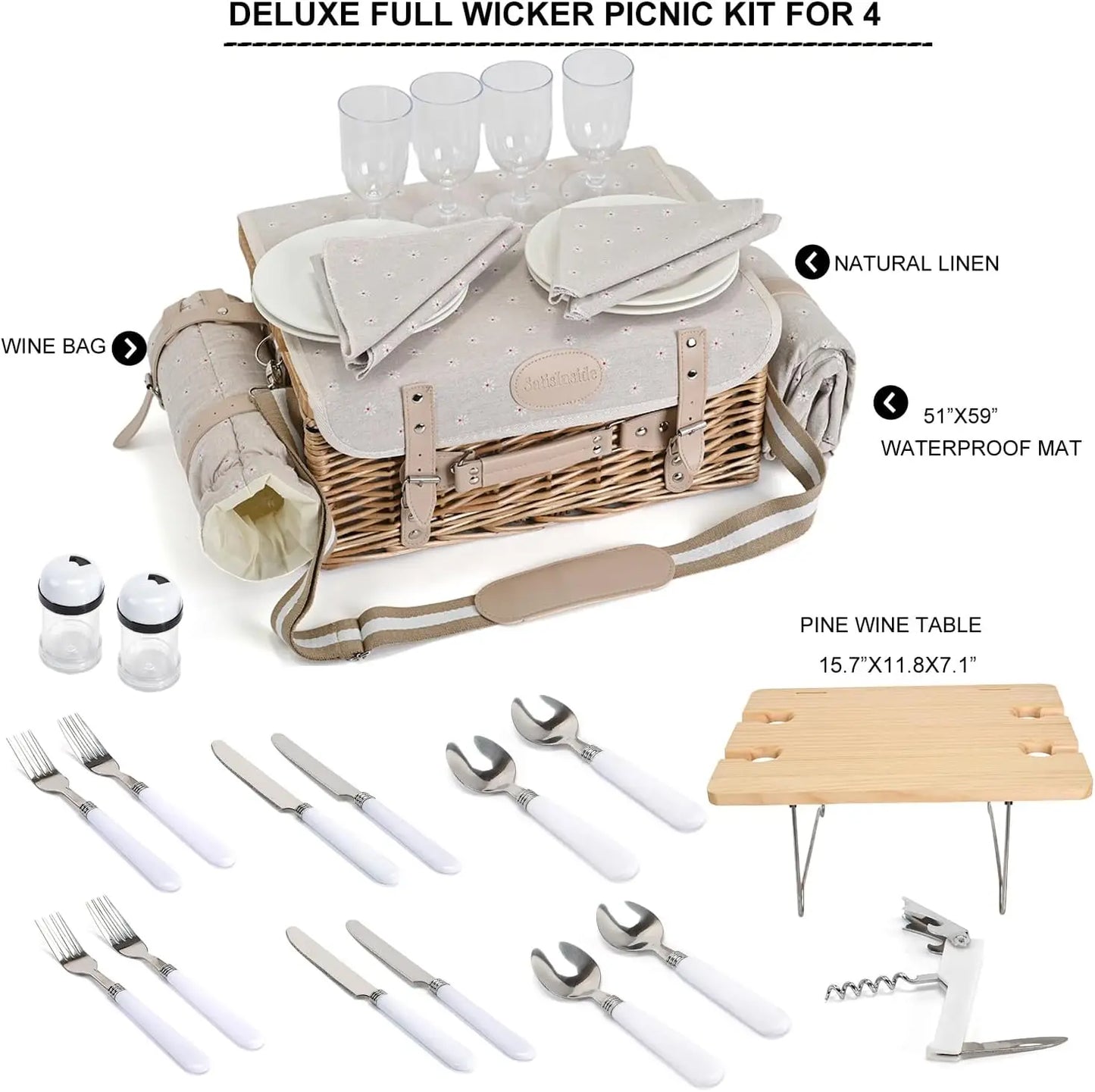 Multifunctional Wicker Picnic Basket Set for 4 with Blanket and Picnic Table, Insulated Picnic Set with Full Tablewares