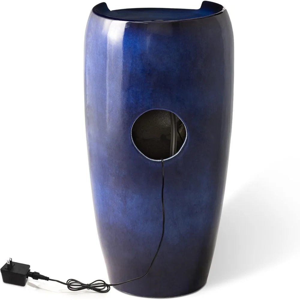 29.25" H Oversized Ceramic Vase Outdoor Water Fountain Tall Patio Garden Water Fountain with LED Light and Submersible Pump Yar