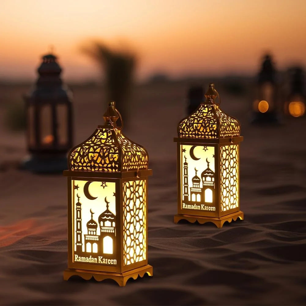 Golden Metal Lantern Decorative Candle Holders 2Pcs 14 Inch Ramadan Home Decor Indoor Outdoor Lanterns EID MUBARAK Vintage Style