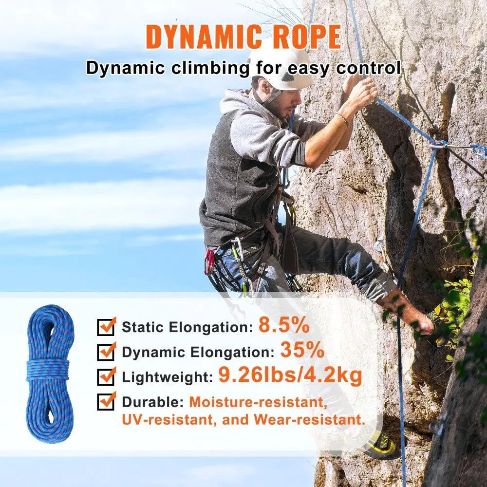 Dynamic Climbing Rope 10.2mm 60M 25KN Breaking Tension Fiber Rope Steel Snap Hooks Outdoor Rock Climbing for escape Rappelling