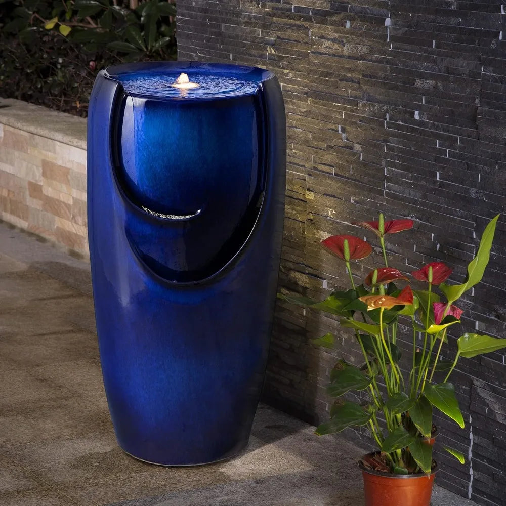 29.25" H Oversized Ceramic Vase Outdoor Water Fountain Tall Patio Garden Water Fountain with LED Light and Submersible Pump Yar