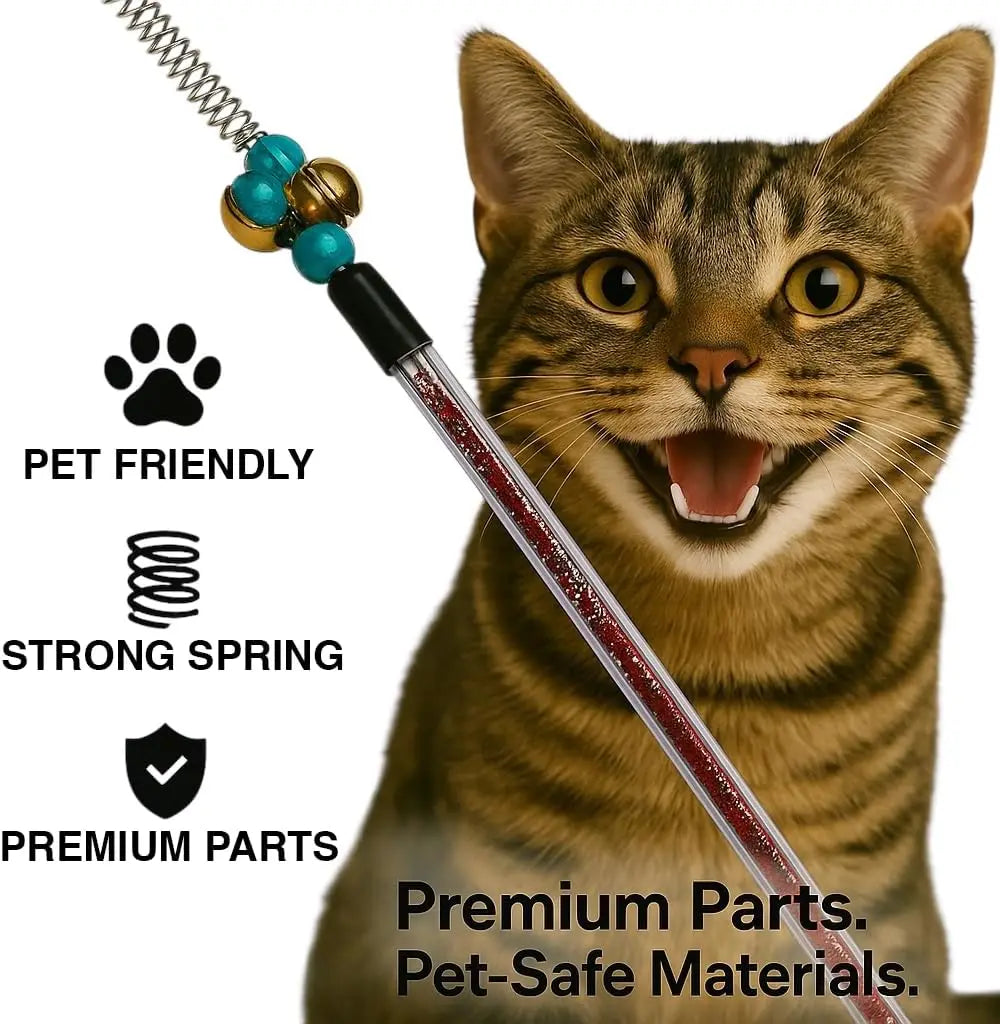 Cat Wand Toy Feather Sticks - 5 Piece Interactive Wands Toy Set with Feathers, Durable Spring Design - Perfect for Eng