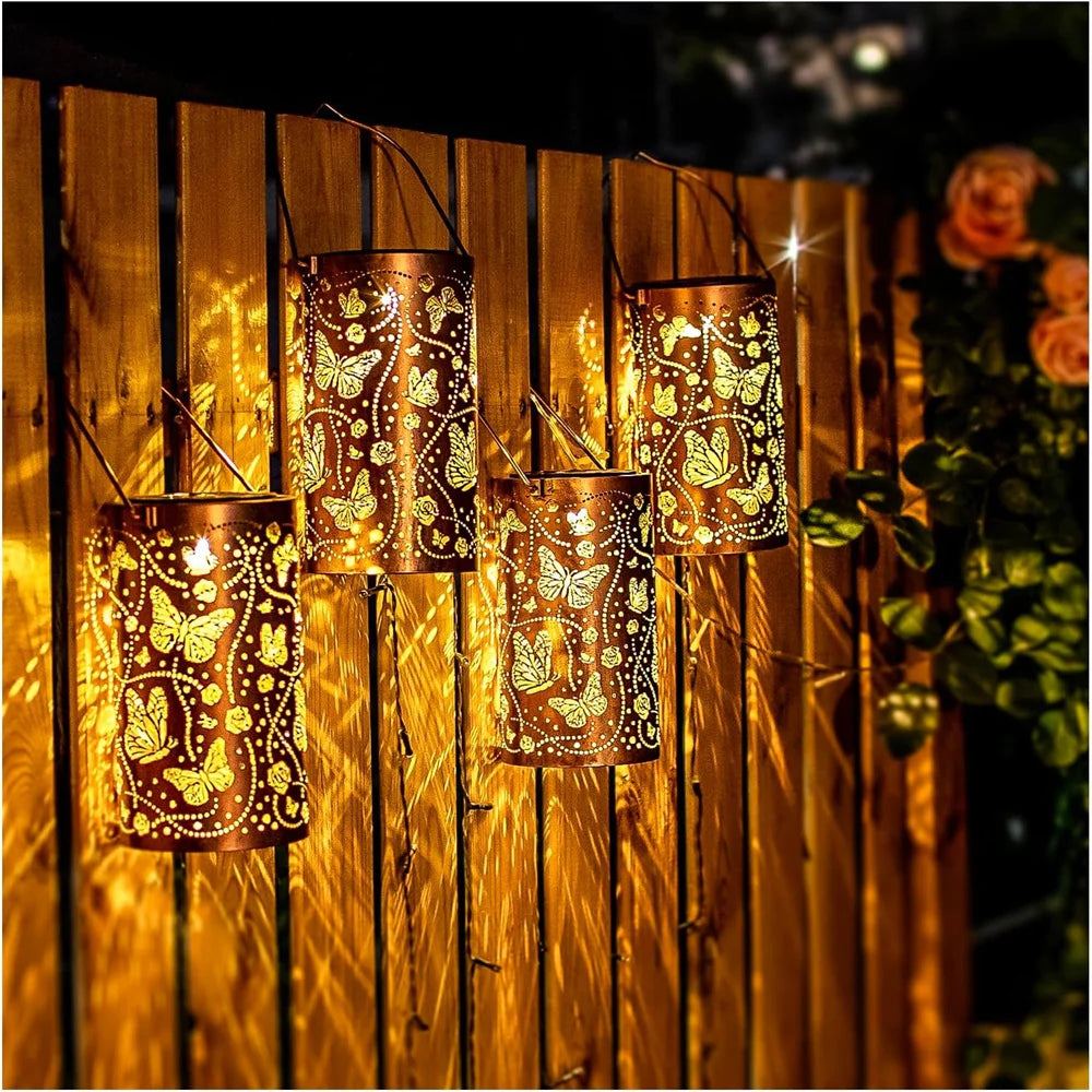 1PC Solar Outdoor Hanging Light Butterfly Dragonfly Element Solar Light Outdoor Waterproof Garden Decorative Light Metal Lantern