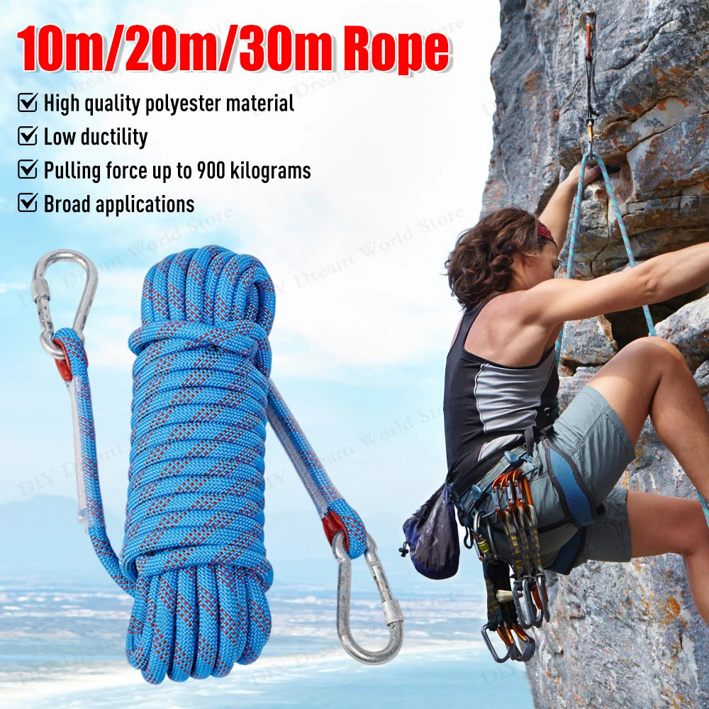 10mm Rock Climbing Rope 10M/20M/30M Safety Life Rope with 2 Hooks Mountaineering Rope Outdoor Survival Fire Escape Car Rescue