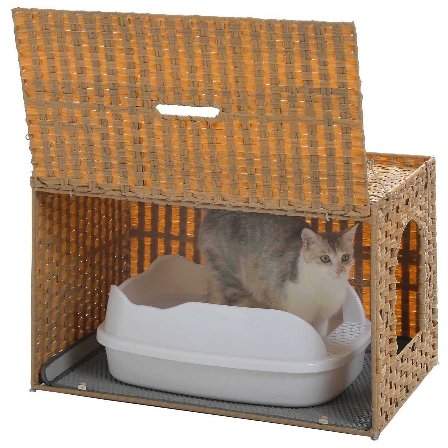 Rattan Cat Litter Box Enclosure with Taller Doorway and Flip-Up Design-More Space Raised Edge Mat-Cat House Cabinet Furniture