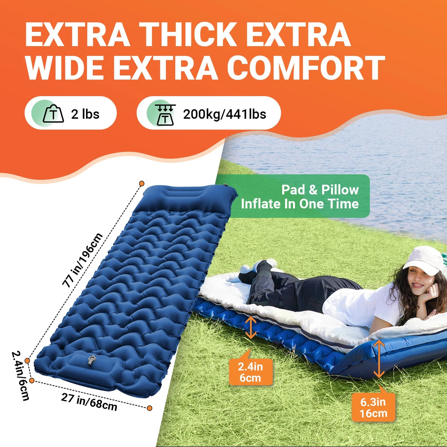 KingCamp Self Inflating Sleeping Pad, Ultralight Inflatable Sleeping Mat With Pillow Built-in Foot Pump For Hiking, Traveling