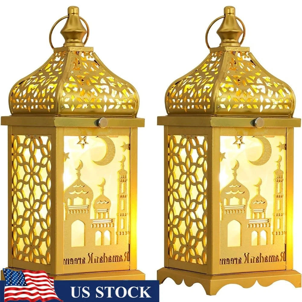 Golden Metal Lantern Decorative Candle Holders 2Pcs 14 Inch Ramadan Home Decor Indoor Outdoor Lanterns EID MUBARAK Vintage Style
