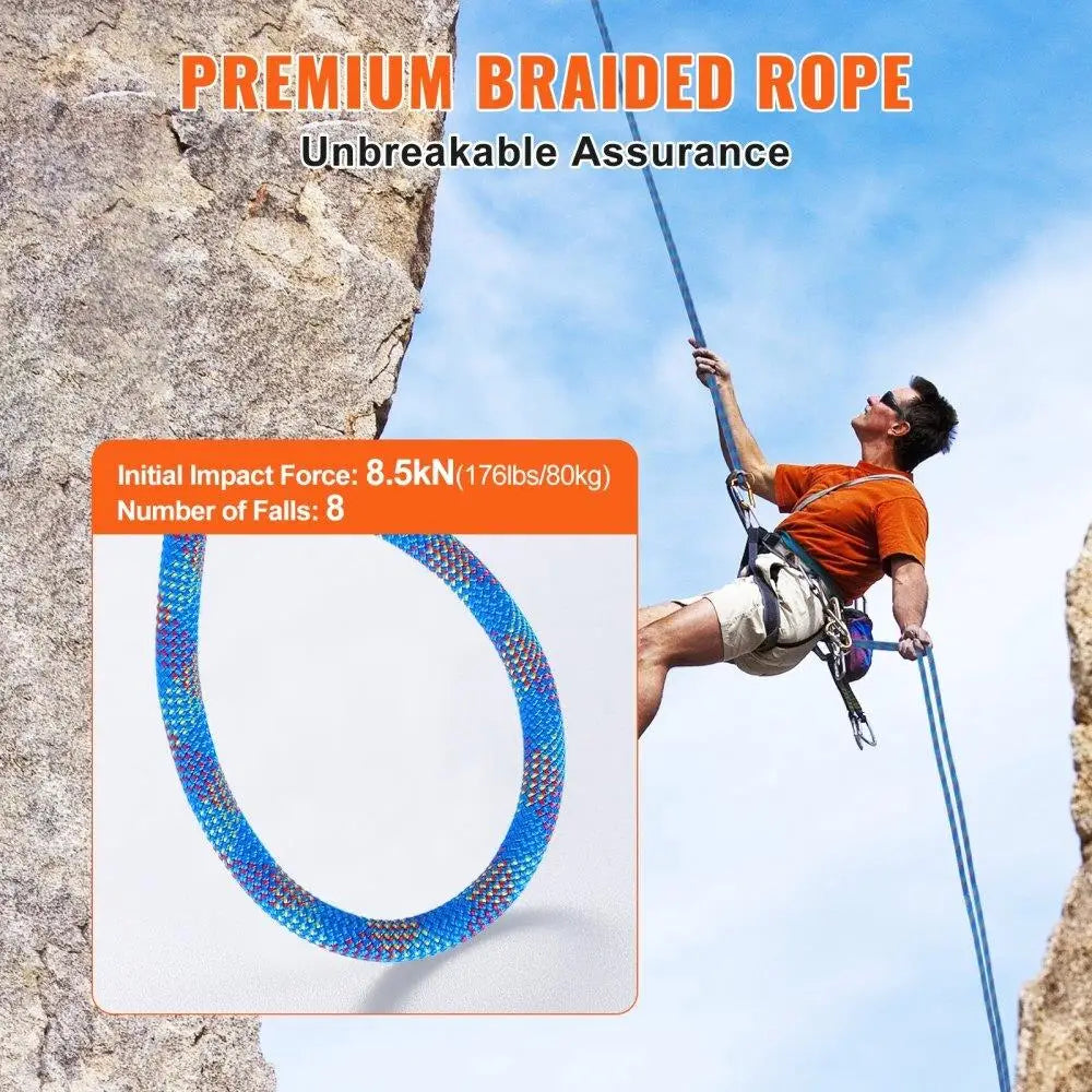 Dynamic Climbing Rope 10.2mm 60M 25KN Breaking Tension Fiber Rope Steel Snap Hooks Outdoor Rock Climbing for escape Rappelling