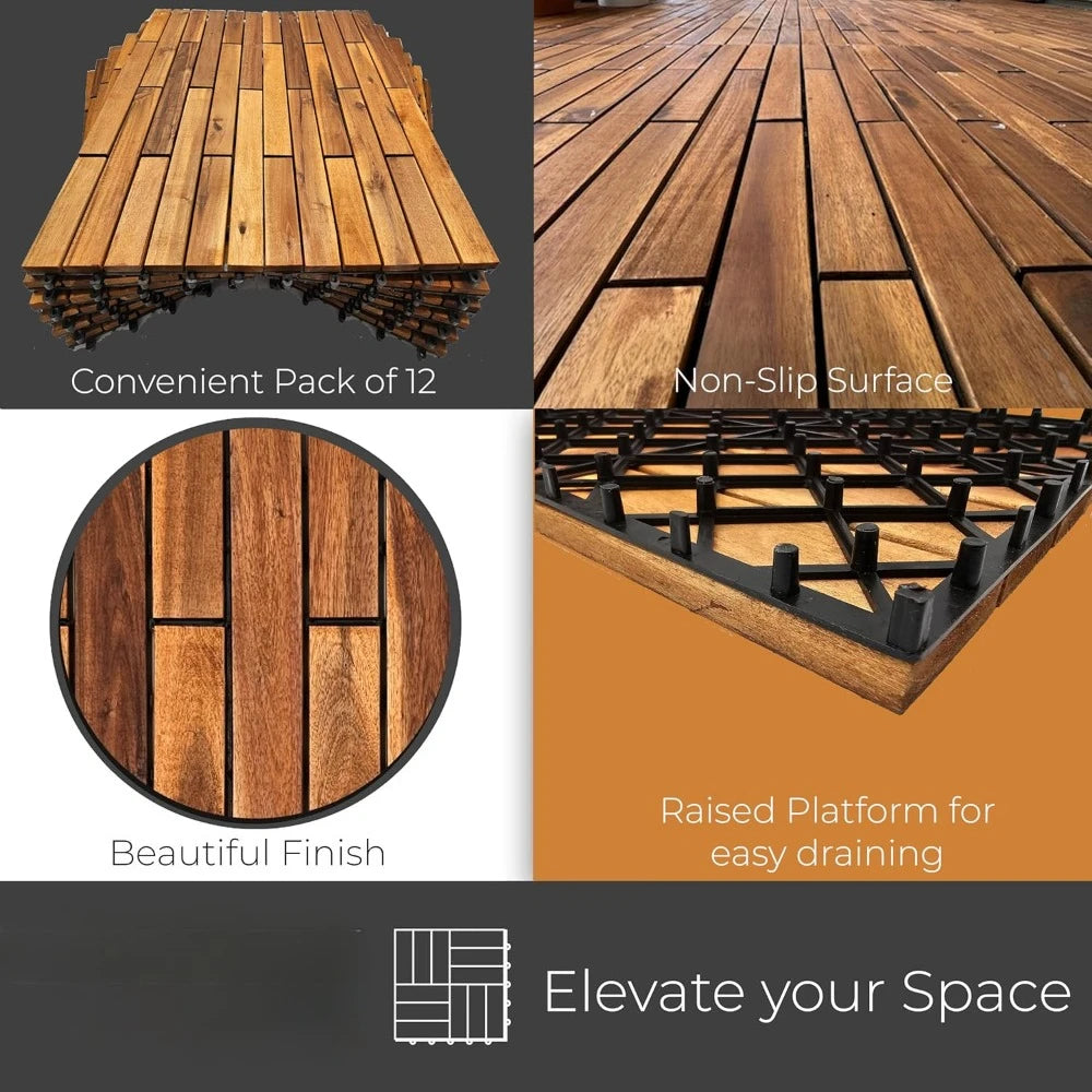 Interlocking Deck Tiles 24 x 12 Long Boards - Acacia Hardwood Outdoor Flooring for Patio, Balcony
