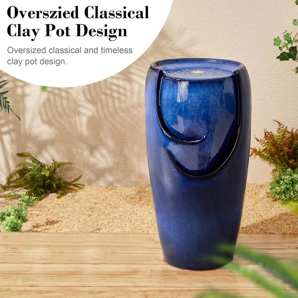 29.25" H Oversized Ceramic Vase Outdoor Water Fountain Tall Patio Garden Water Fountain with LED Light and Submersible Pump Yar