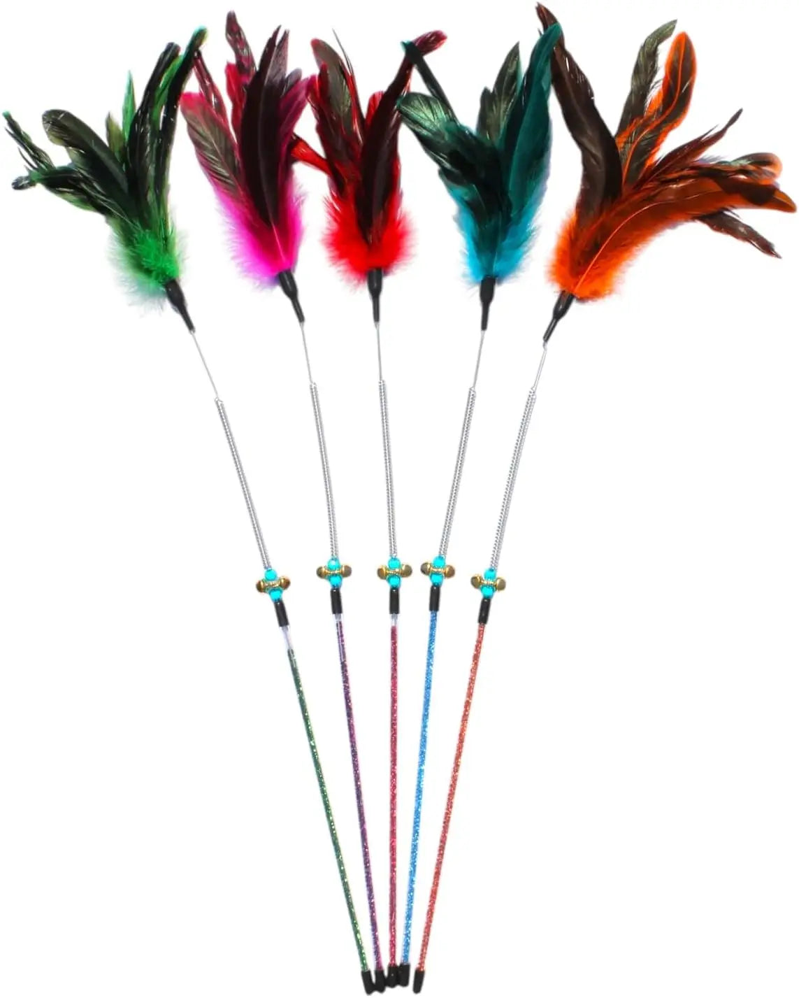 Cat Wand Toy Feather Sticks - 5 Piece Interactive Wands Toy Set with Feathers, Durable Spring Design - Perfect for Eng