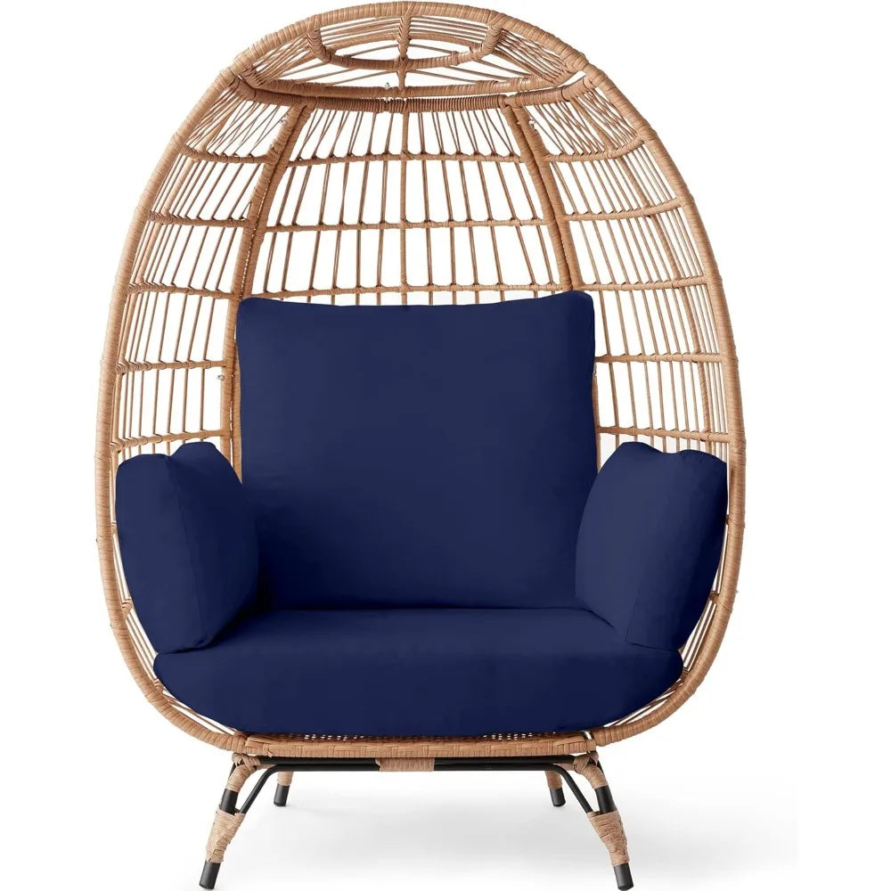 Wicker Egg Chair, Oversized Indoor Outdoor Lounger for Patio, Backyard, Living Room w/ 4 Cushions, Steel Frame,440lb Capacity