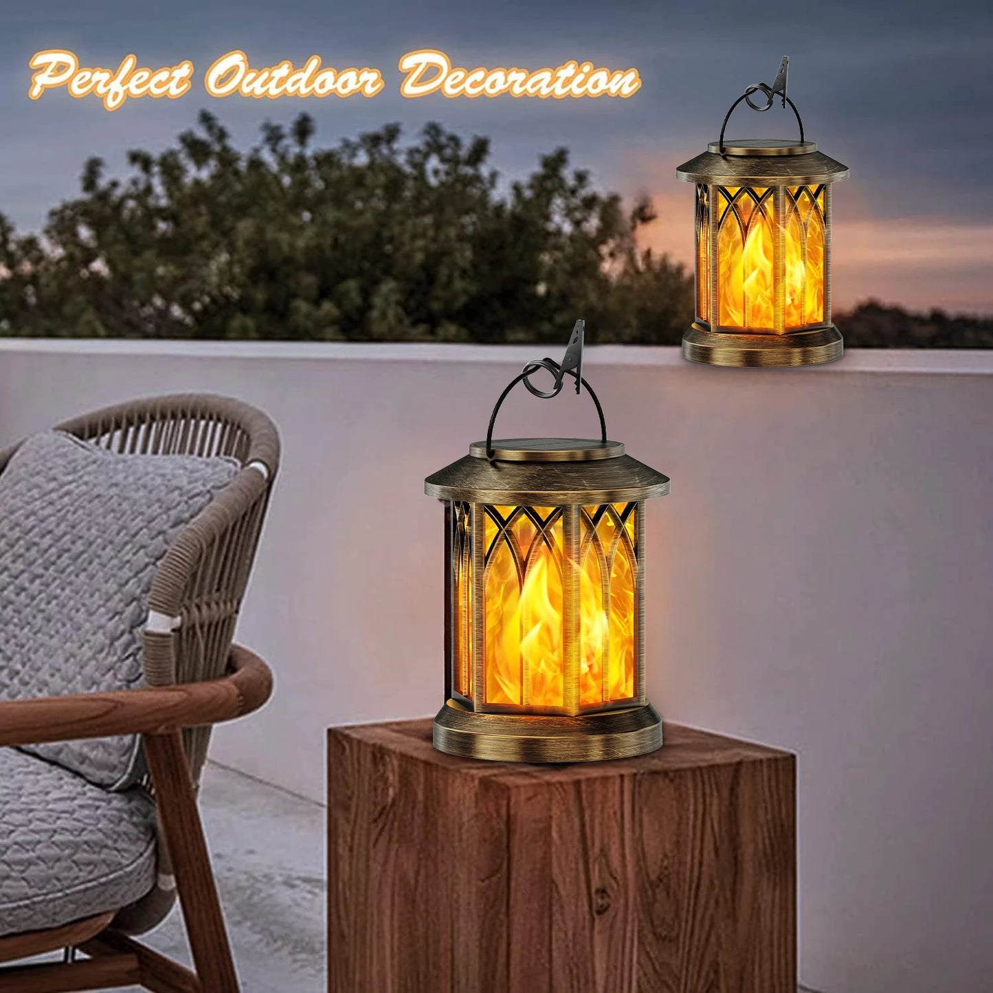 2 Pack Upgraded Flickering Flame Solar Lanterns Lights Outdoor