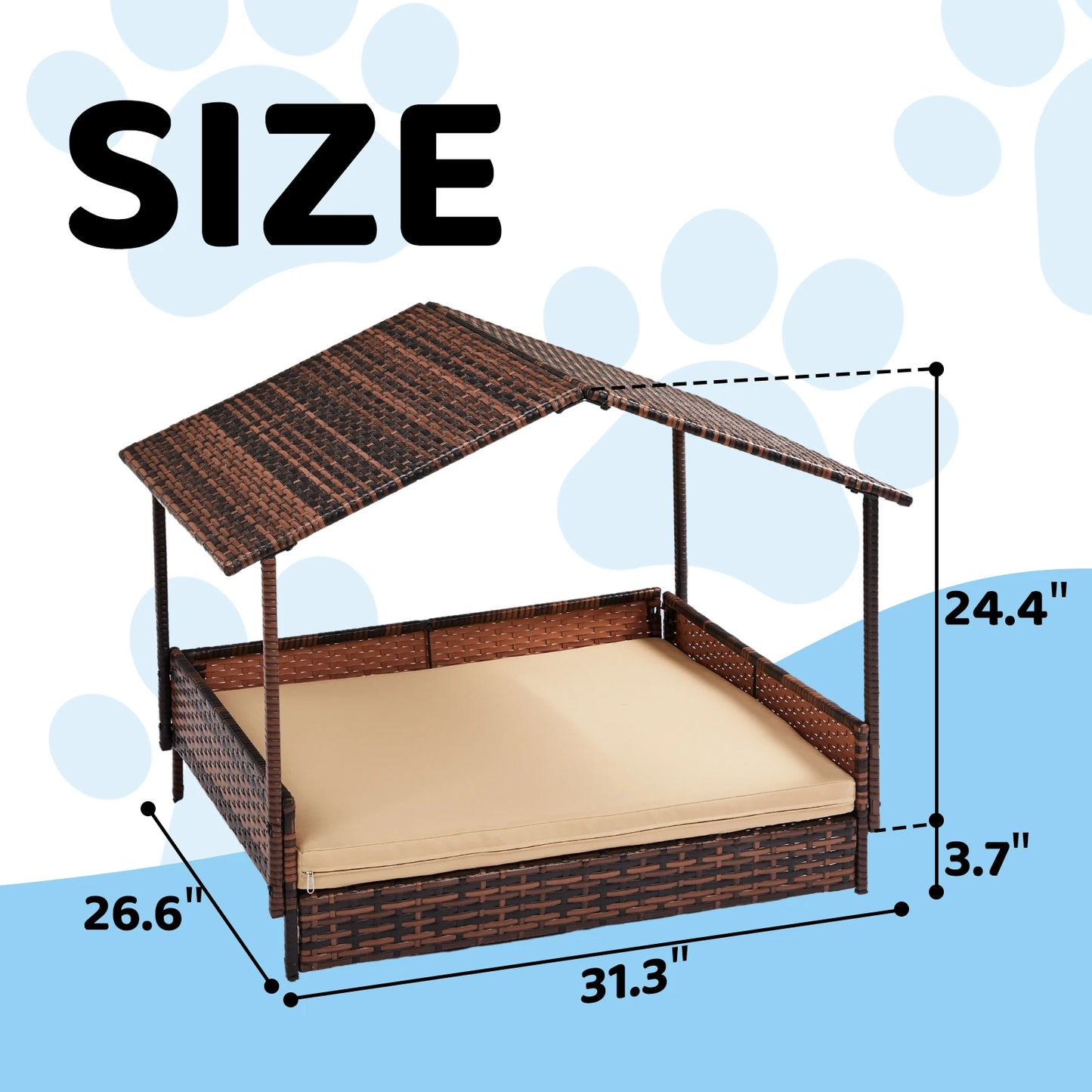 Wicker Dog House, Elevated Rattan Dog Bed with Canopy and Washable Cushion Cover, Indoor Outdoor Raised Pet House