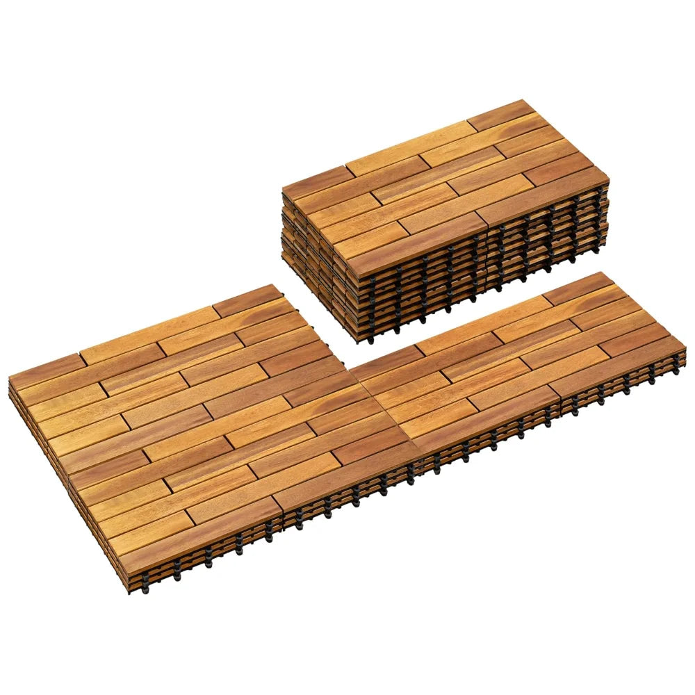 18PCS 24" x 12" Long Solid Acacia Wood Interlocking Deck Tiles for 36 Sq Ft - Indoor Outdoor Waterproof Hardwood Flooring