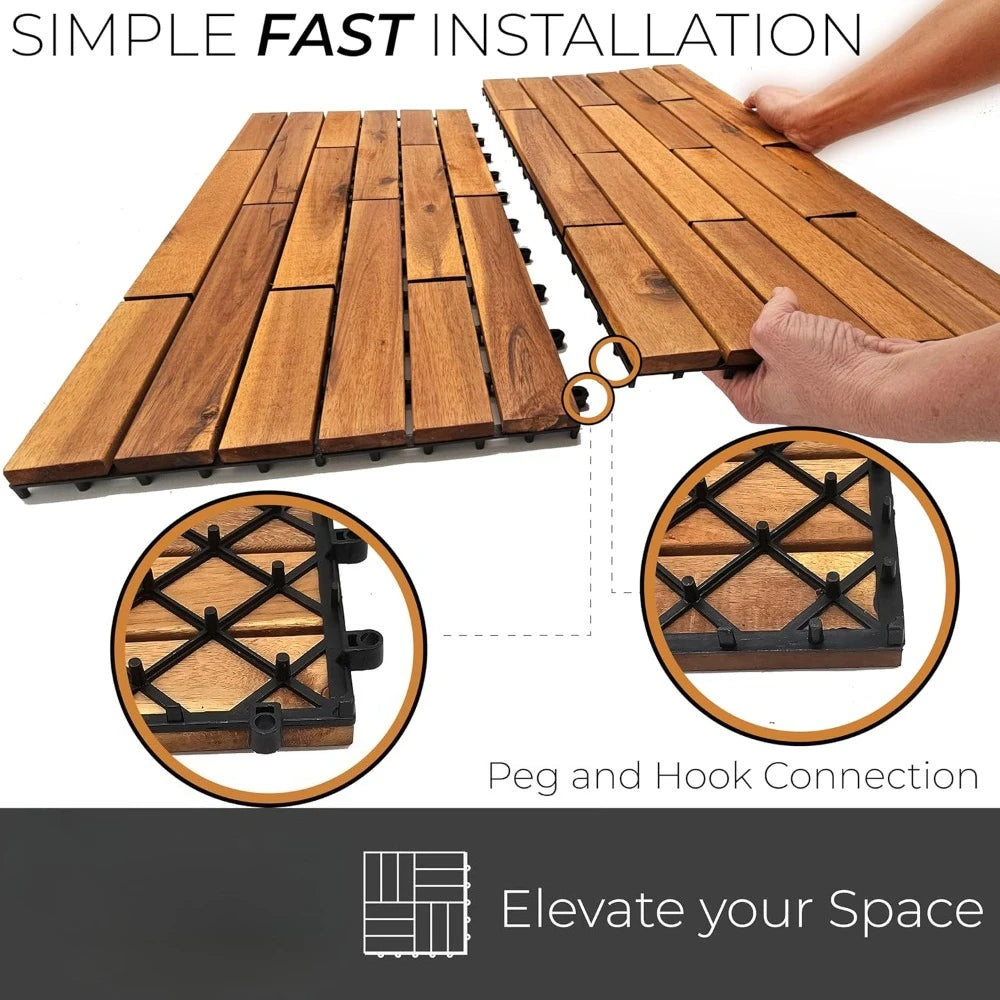 Interlocking Deck Tiles 24 x 12 Long Boards - Acacia Hardwood Outdoor Flooring for Patio, Balcony