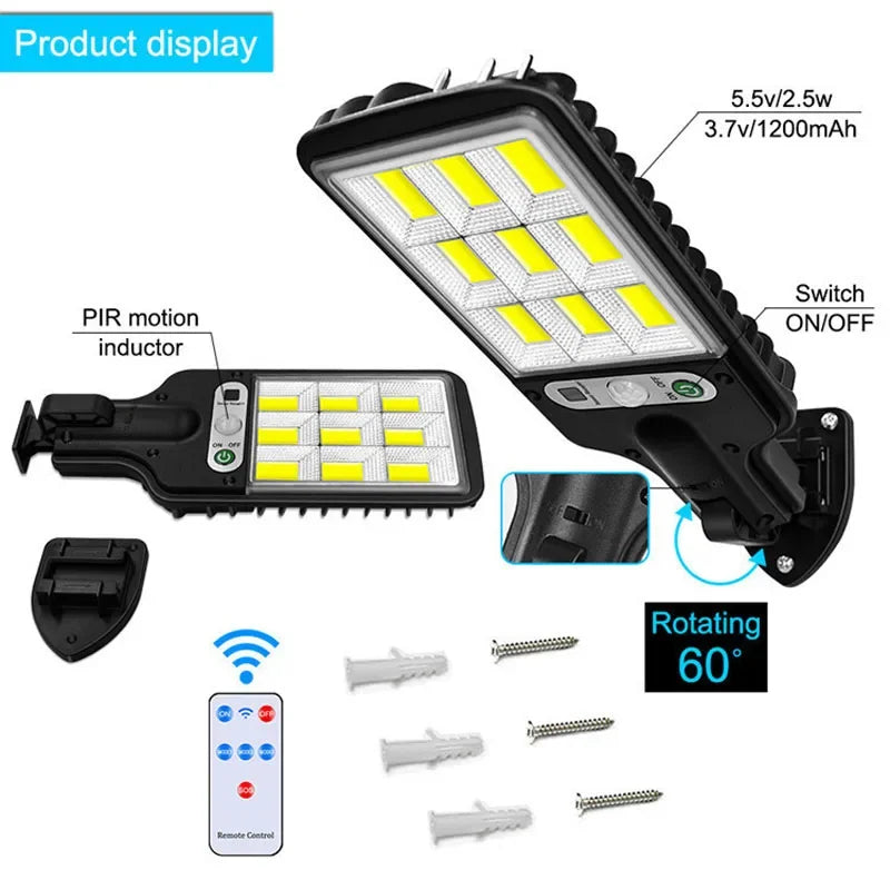 108/117COB Sensor Street 3 Light Modes Outdoor Waterproof Security Solar Lamps for Garden Patio Path Remote Control Wall Lights