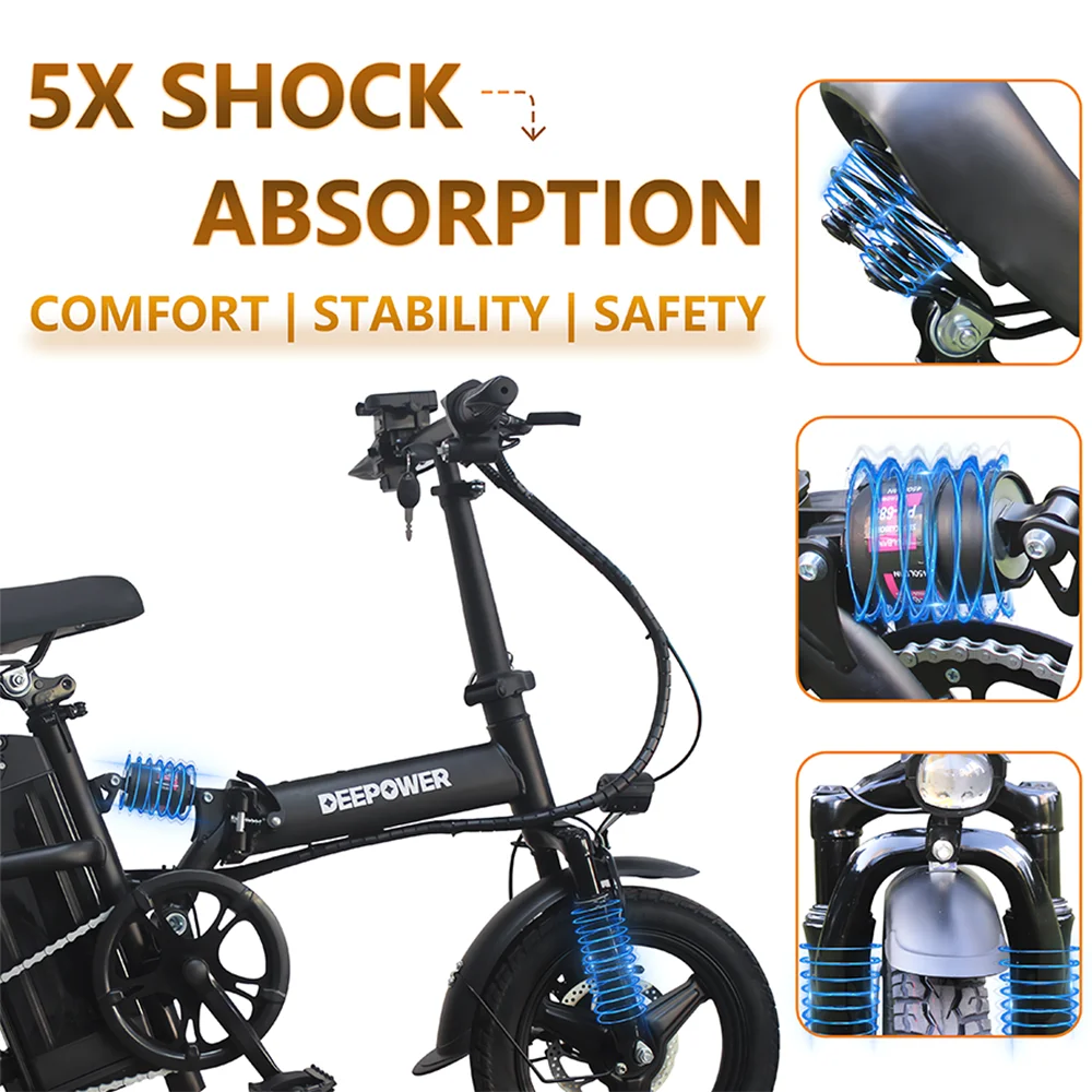 14 inch Electric Bike Folding 400W 48V 10AH 15AH Adults Ebike City Bicycle LED Turn Signal Lights 5 Shock Absorption