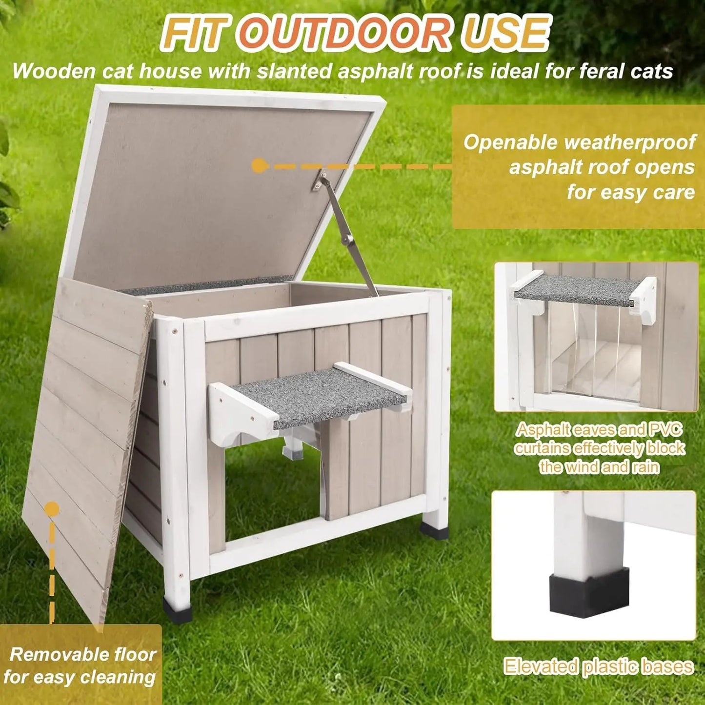Petscosset Insulated Cat House, Outdoor Small Feral Cat Shelter for Winter with Escape Door