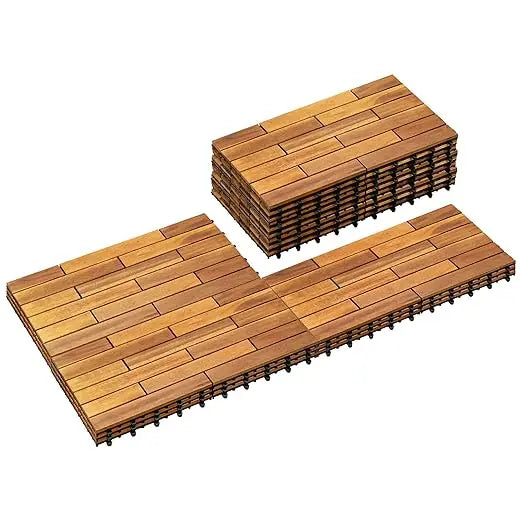 18PCS 24" x 12" Long Solid Acacia Wood Interlocking Deck Tiles for 36 Sq Ft - Indoor Outdoor Waterproof Hardwood Flooring