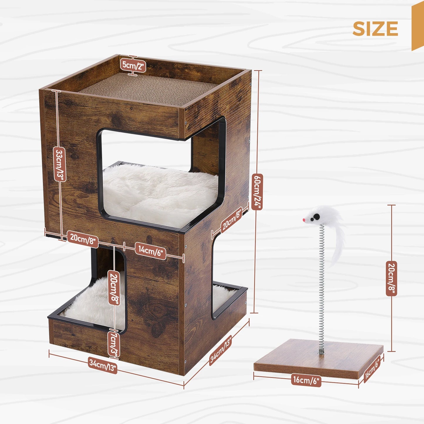 Cat Bed with Two Large Condos Scratching Pad Detachable Scratcher Wooden Cat Condo House with Plush Mats Cat Furniture Cat Toys