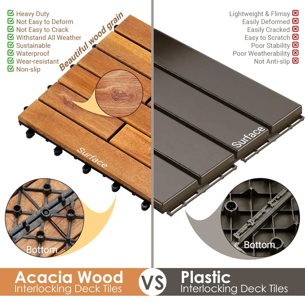 18PCS 24" x 12" Long Solid Acacia Wood Interlocking Deck Tiles for 36 Sq Ft - Indoor Outdoor Waterproof Hardwood Flooring