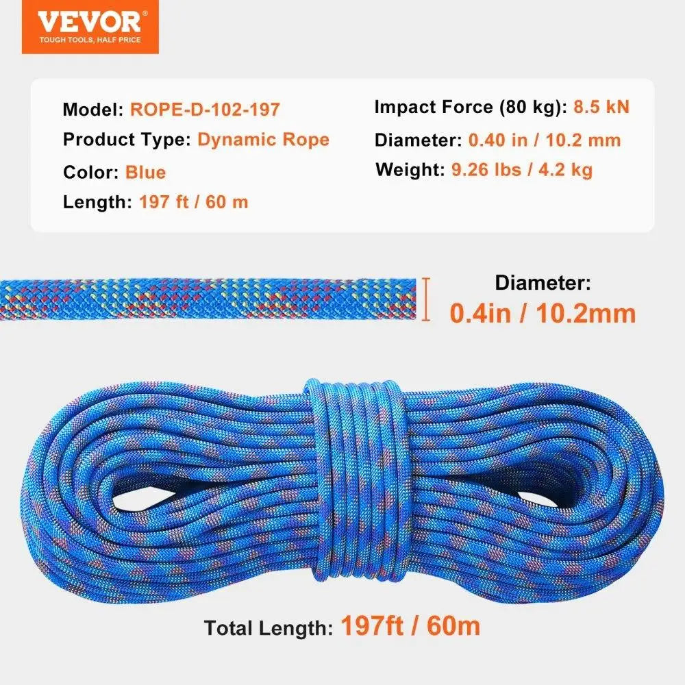 Dynamic Climbing Rope 10.2mm 60M 25KN Breaking Tension Fiber Rope Steel Snap Hooks Outdoor Rock Climbing for escape Rappelling