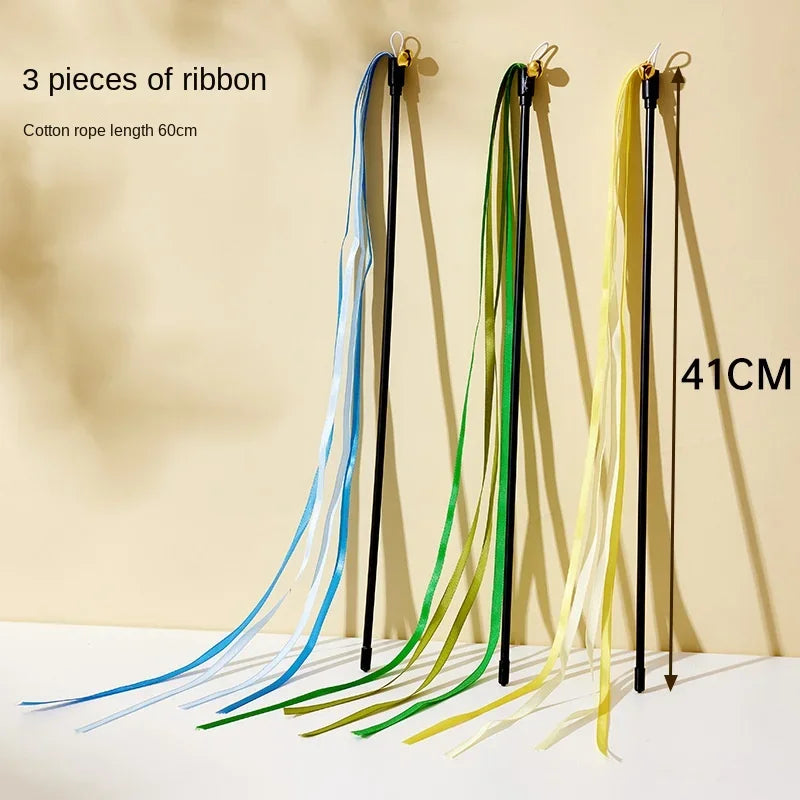 Simulation Feather Interactive Cat Toy Satin Ribbon Bell Cat Stick Toys Kitten Playing Teaser Wand Toy Cat Supplies Accessories