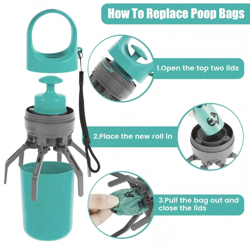 Portable Dog Poop Scooper with Leak-Proof Bag Dispenser, Durable Teal Claw, Compact Lightweight Design for Pet Waste Management.