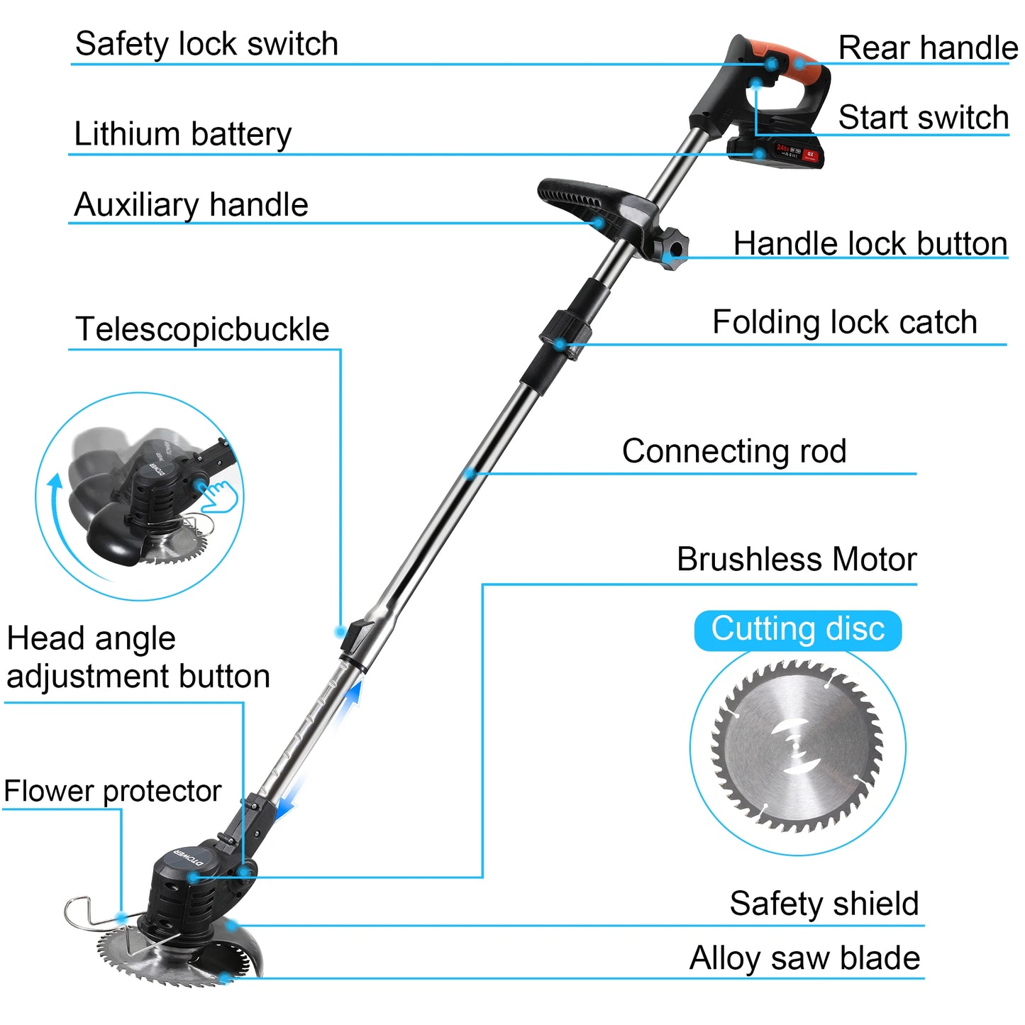 Electric Lawn Mower Weed Wacker Foldable Grass Trimmer Lithium Battery Weeder Cordless Garden Adjustable Foldable Cutte
