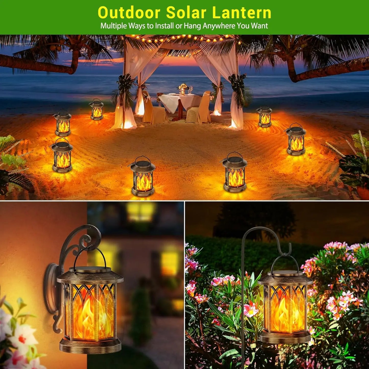 2 Pack Upgraded Flickering Flame Solar Lanterns Lights Outdoor