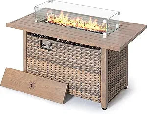 Nuu Garden 43" Propane Fire Pit, CSA-Listed Outdoor Fire Pit Table, 50000 BTU Gas FirePit with Lid, Glass Wind Guard, Glass Bead