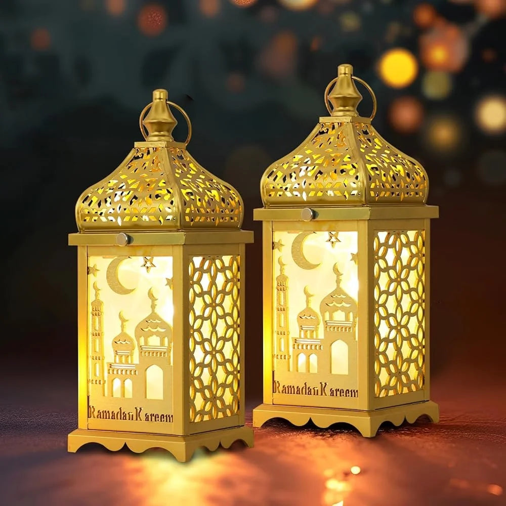 Golden Metal Lantern Decorative Candle Holders 2Pcs 14 Inch Ramadan Home Decor Indoor Outdoor Lanterns EID MUBARAK Vintage Style