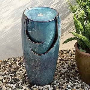 29.25" H Oversized Ceramic Vase Outdoor Water Fountain Tall Patio Garden Water Fountain with LED Light and Submersible Pump Yar